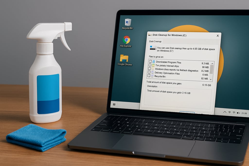 Laptop running Disk Cleanup tool on Windows, with a spray bottle and microfiber cloth on the desk, symbolizing cleaning and optimizing PC storage for faster performance.