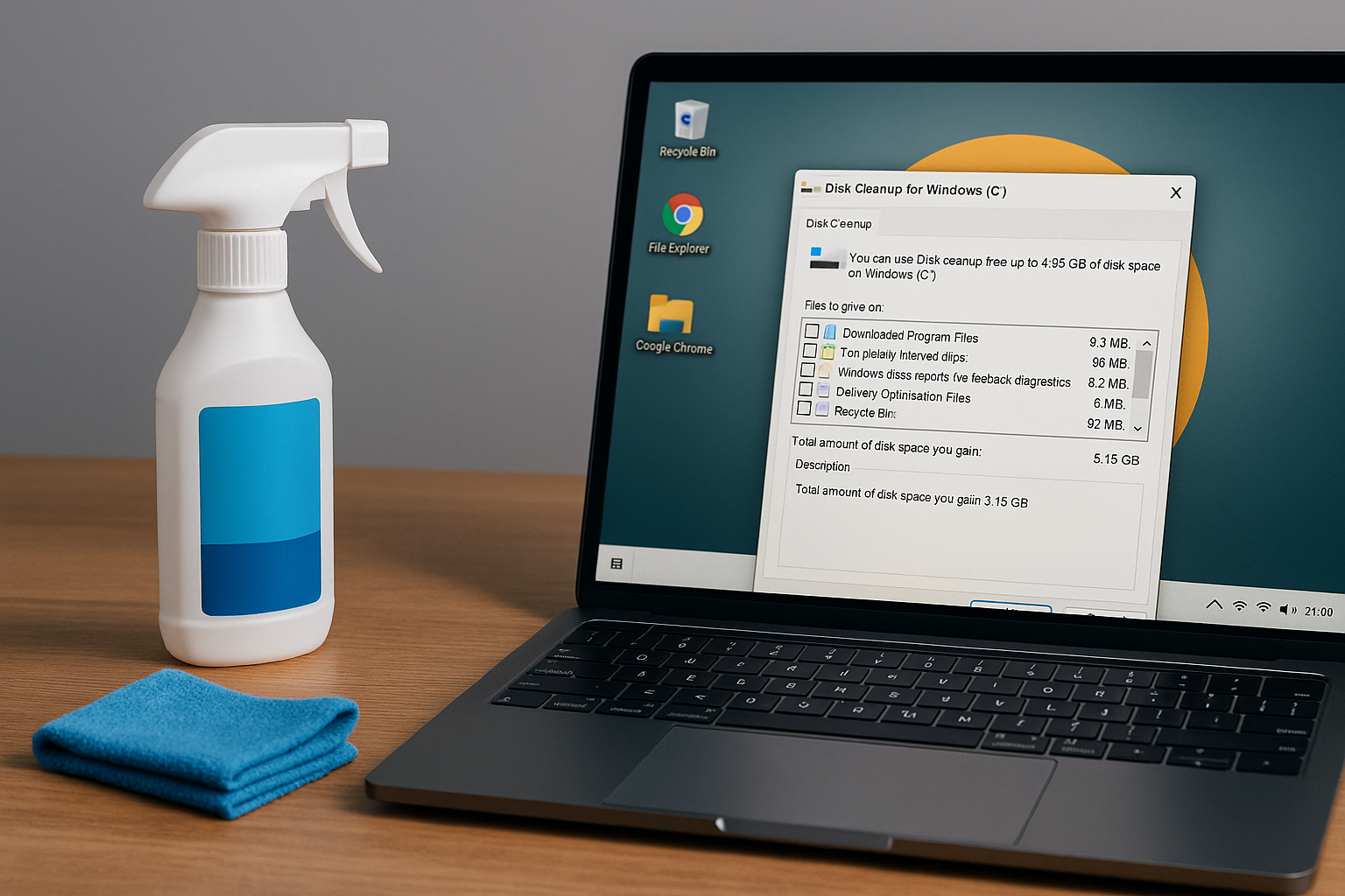 Laptop running Disk Cleanup tool on Windows, with a spray bottle and microfiber cloth on the desk, symbolizing cleaning and optimizing PC storage for faster performance.