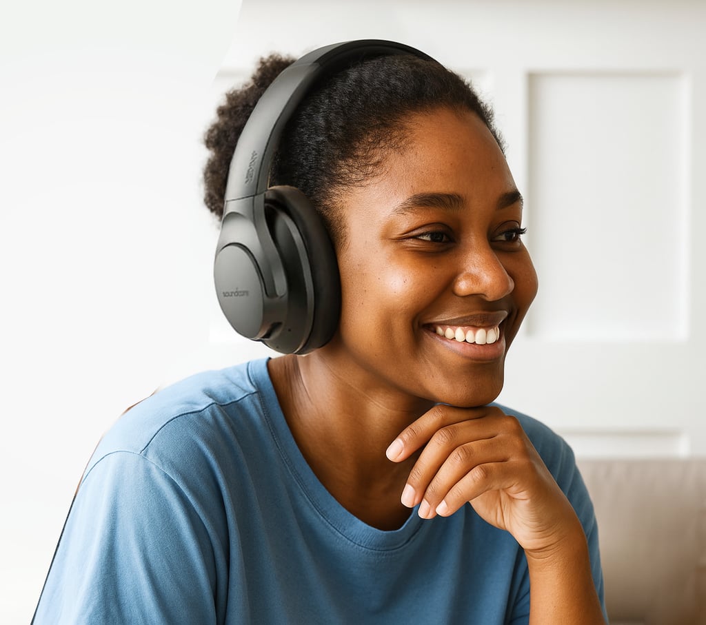 Smiling young Black woman wearing black Soundcore Life Q20 over-ear headphones, resting her chin on her hand in a light blue T-shirt, set against a bright white interior with panel walls.