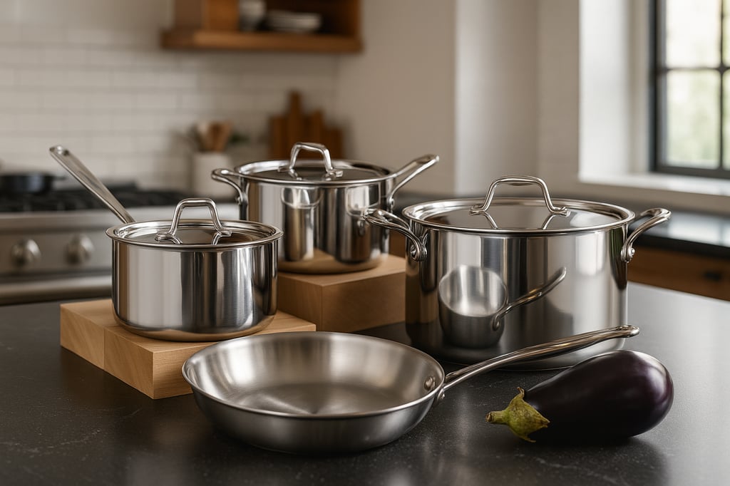 Polished stainless-steel cookware set on a black quartz countertop in a modern kitchen, with soft window light, white subway-tile backsplash, and an eggplant beside the frying pan.