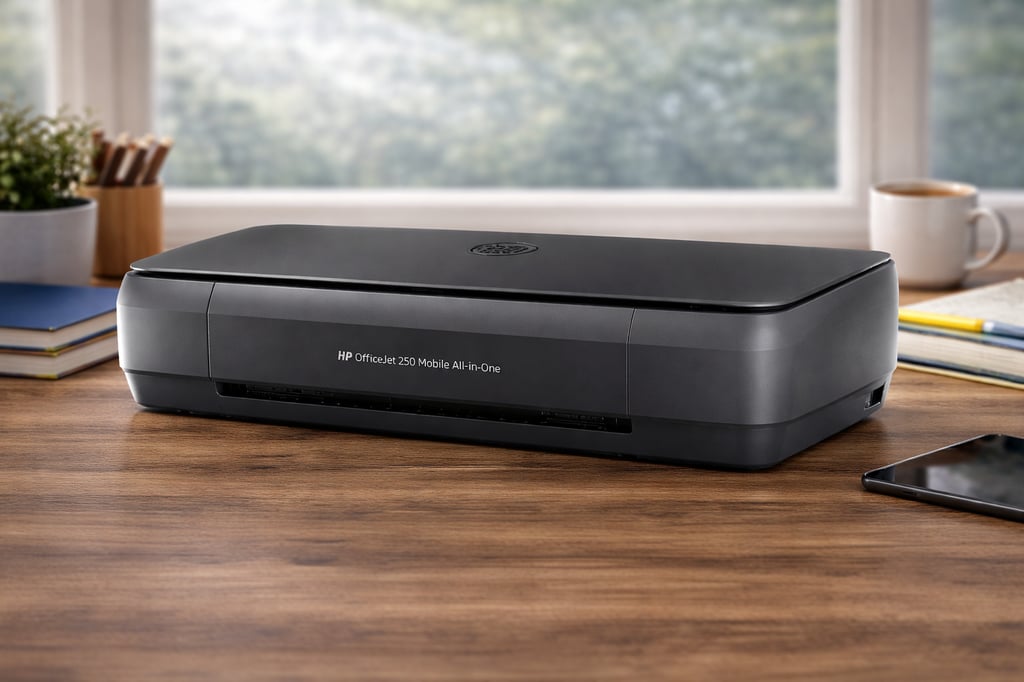 HP OfficeJet 250 Mobile all-in-one printer on a wooden desk in a sunlit home office, with books, a small plant, a coffee mug, a notepad and pen, and a smartphone nearby, and a window with blurred greenery in the background.