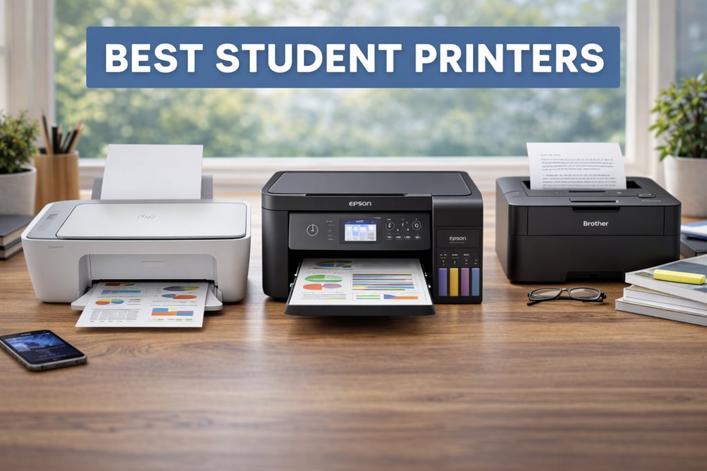 Best Student Printers banner image showing three student-friendly printers on a wooden desk in a bright room: a compact inkjet printer, an EcoTank-style printer printing colorful charts, and a small laser printer, surrounded by notebooks, pens, a phone, and a plant.
