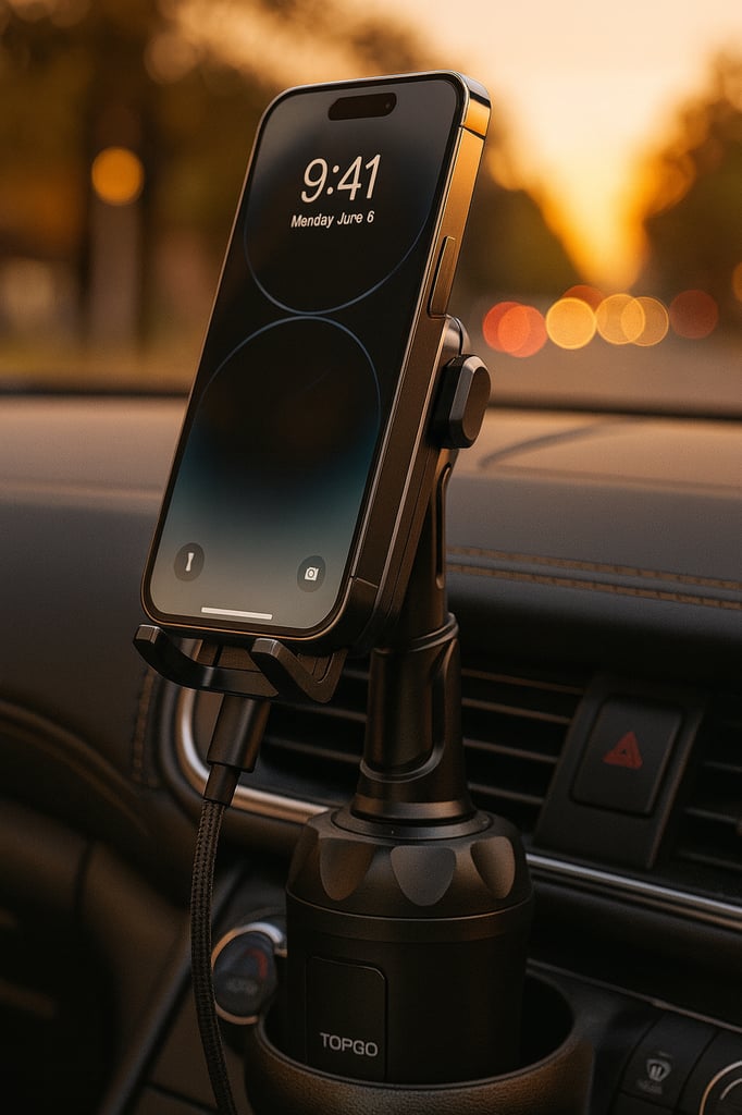 iPhone mounted in a TOPGO cup-holder car mount inside a vehicle; adjustable neck and cradle arms visible, with a softly blurred golden-hour street through the windshield.
