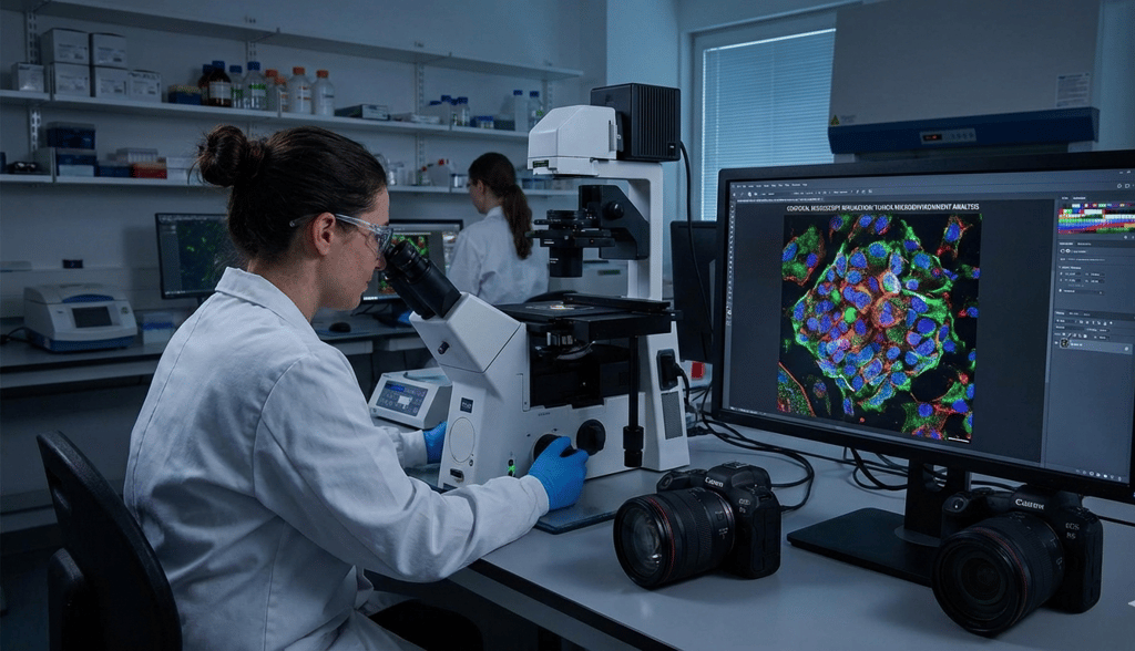 Research scientist using a confocal microscope in an oncology laboratory while a monitor displays a multicolour fluorescence image of tumour cells for cancer analysis