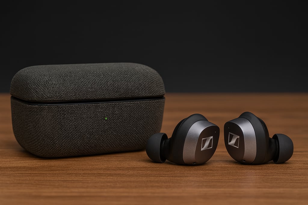 Sennheiser MOMENTUM True Wireless 4 earbuds in metallic gray with black silicone tips, displayed beside a dark fabric charging case on a wooden desk against a dark gradient background.