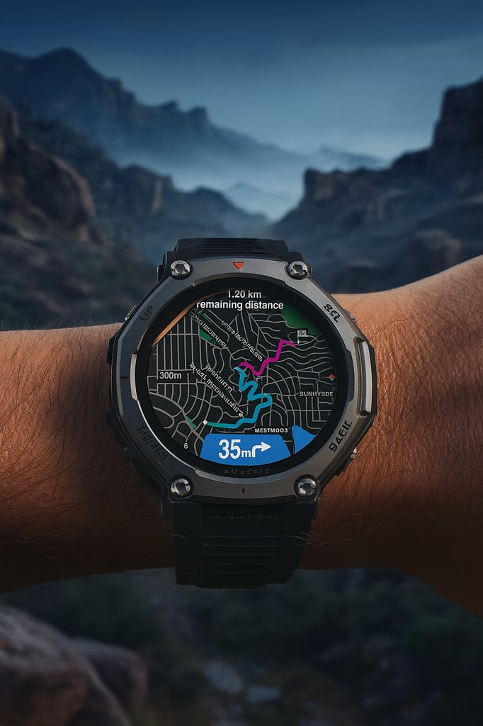 Ultra-realistic Amazfit T-Rex 3 smartwatch with rugged black casing and GPS navigation map display, shown on a wrist against a scenic mountain trail background.