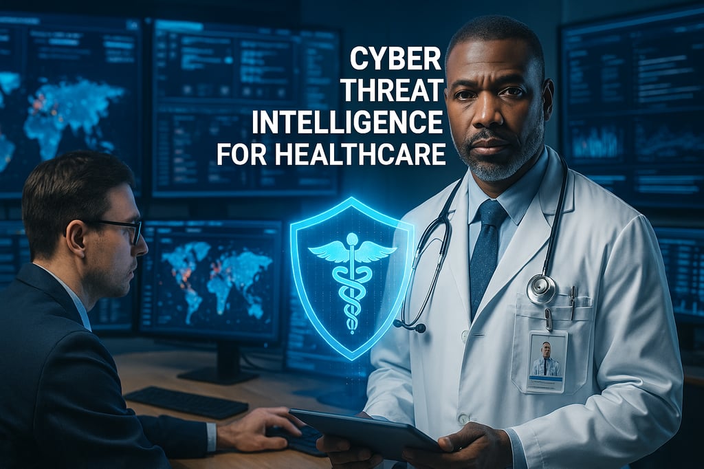 Cyber threat intelligence in healthcare: a physician with a tablet stands beside a cybersecurity analyst in a SOC as a glowing caduceus shield appears on screen, with global threat maps and dashboards.