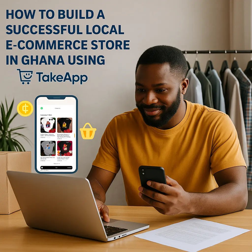Illustration showing steps to build a successful local e-commerce store in Ghana using Take App