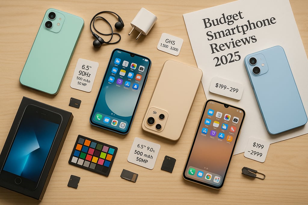 Budget Smartphone Reviews 2025 cover photo showing five affordable smartphones on a light wooden desk, surrounded by accessories (earbuds, charger, SIM tool, microSD cards) and small spec/price cards.