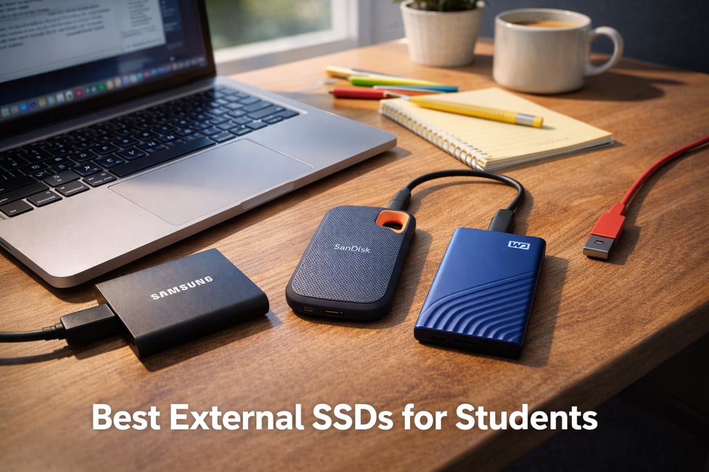 Best External SSDs for Students banner image showing three portable external SSDs connected on a wooden study desk beside a laptop, notebook, pens, and a coffee mug in warm daylight.