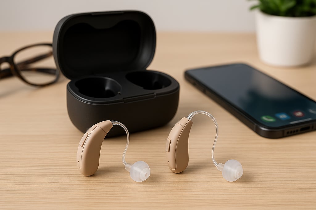A pair of beige over-the-counter hearing aids placed on a light wooden desk with their black charging case open in the background, next to eyeglasses, a smartphone, and a small plant, all under soft, even lighting.