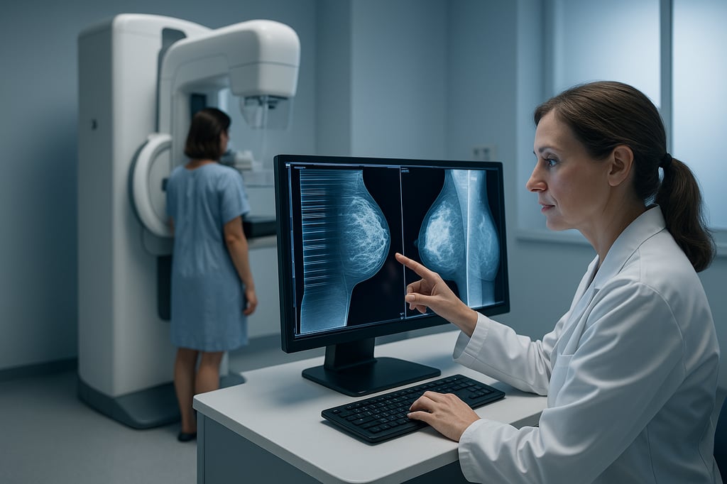 Female radiologist in a modern breast imaging suite reviewing digital mammography and tomosynthesis images on a high-resolution monitor, while a patient stands at the mammography unit in the background.