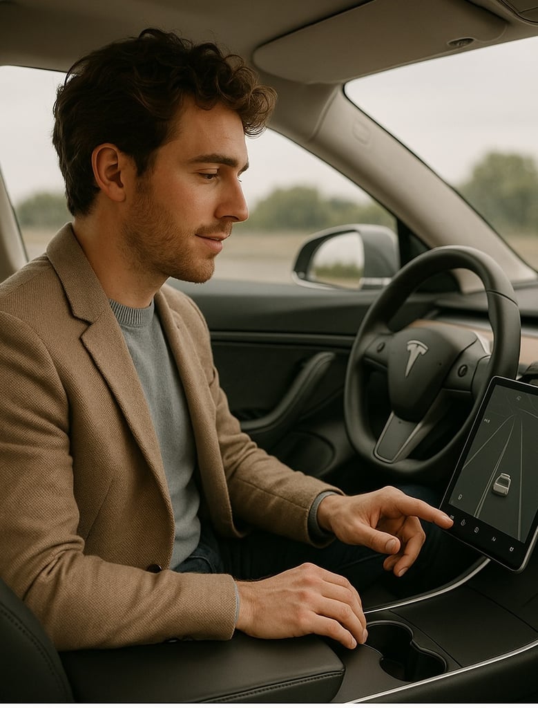 A young man sitting inside a modern electric vehicle interacts with the touchscreen interface of the autonomous driving system. He wears a beige blazer and looks focused as soft natural light fills the car interior, representing the theme of Autonomous and Electric Vehicles.