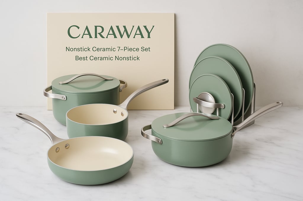 Caraway Nonstick Ceramic 7-Piece Set in sage green on a white marble counter—fry pan, saucepan, sauté/Dutch-oven pieces with matching lids in a rack; matte exterior, cream ceramic interior, and stainless handles with a “CARAWAY” title card behind.