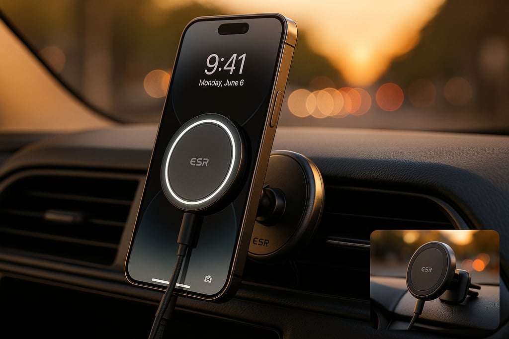 iPhone attached to an ESR HaloLock MagSafe vent mount inside a car; circular magnetic pad with charging cable visible on the air-vent, with a softly blurred golden-hour background.