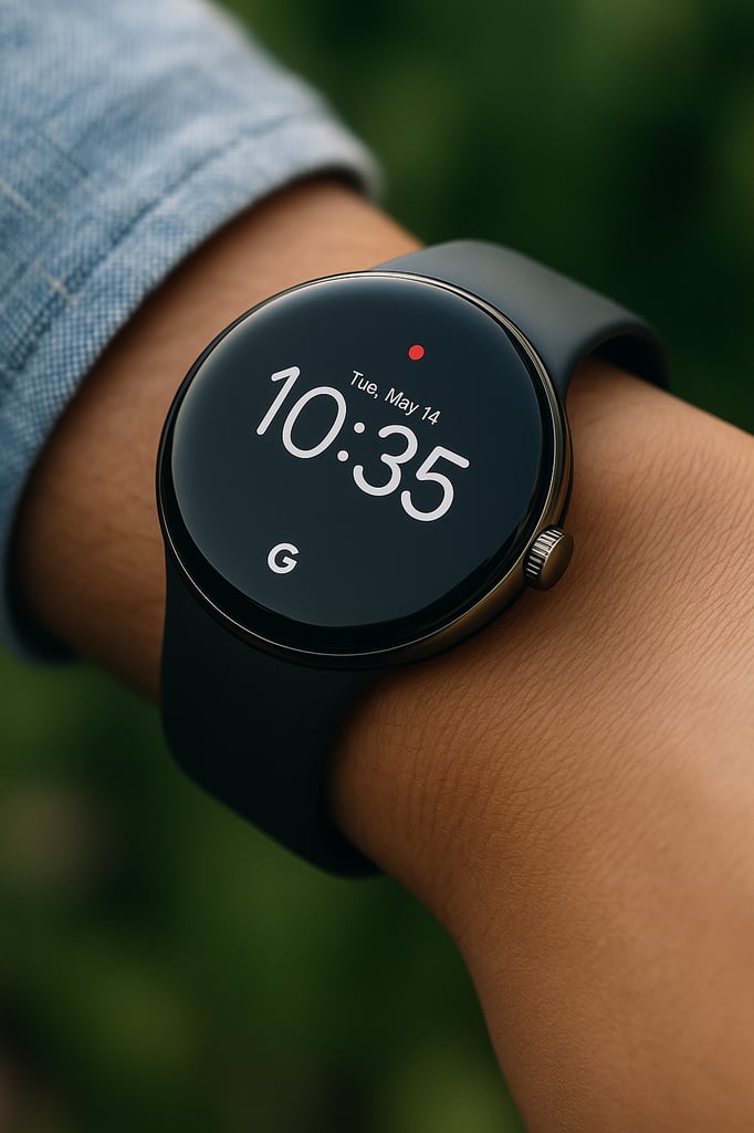 Ultra-realistic professional photo of the Google Pixel Watch 3 on a person’s wrist. The sleek black round smartwatch displays the time 10:35 and date Tuesday, May 14, with a minimalist interface. The watch is paired with a matte black strap, highlighted under natural outdoor lighting.