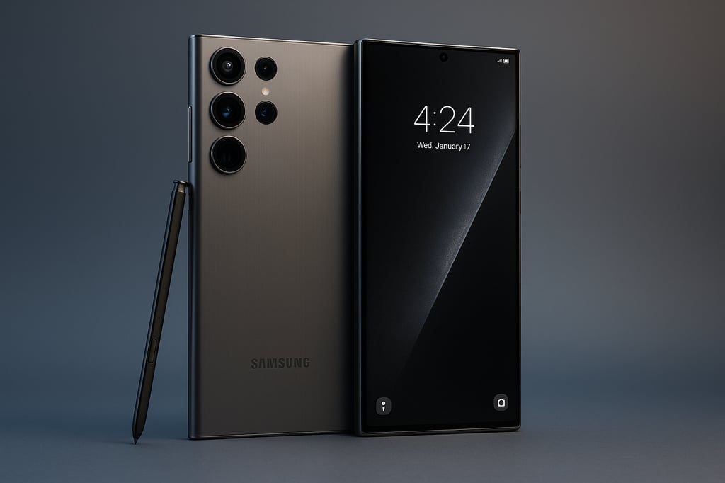 Samsung Galaxy S24 Ultra smartphone in titanium gray, showing front and back views with the S Pen stylus, highlighting the quad-camera setup and sleek matte finish design.