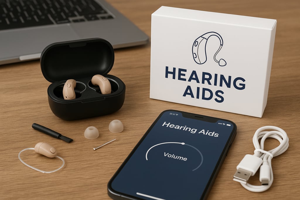 Over-the-counter hearing aids displayed with a charging case, ear tips, a cleaning tool, and a smartphone showing a hearing aid app interface, all neatly arranged on a wooden desk beside a laptop.