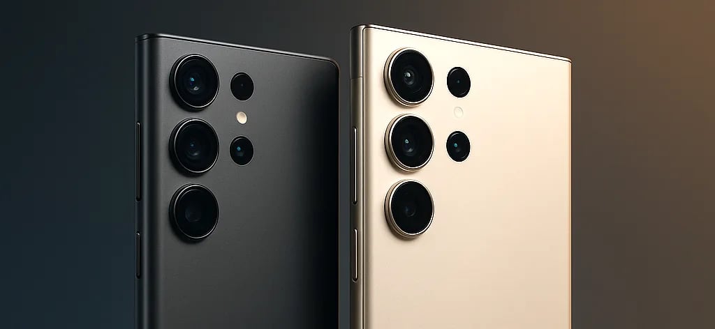 Close-up rear view of Samsung Galaxy S23 Ultra in gray (left) and Galaxy S24 Ultra in beige/cream (right), highlighting the quad-lens camera rings, flash modules, and the S24 Ultra’s flatter titanium-edged design versus the S23 Ultra’s slightly rounder sides.