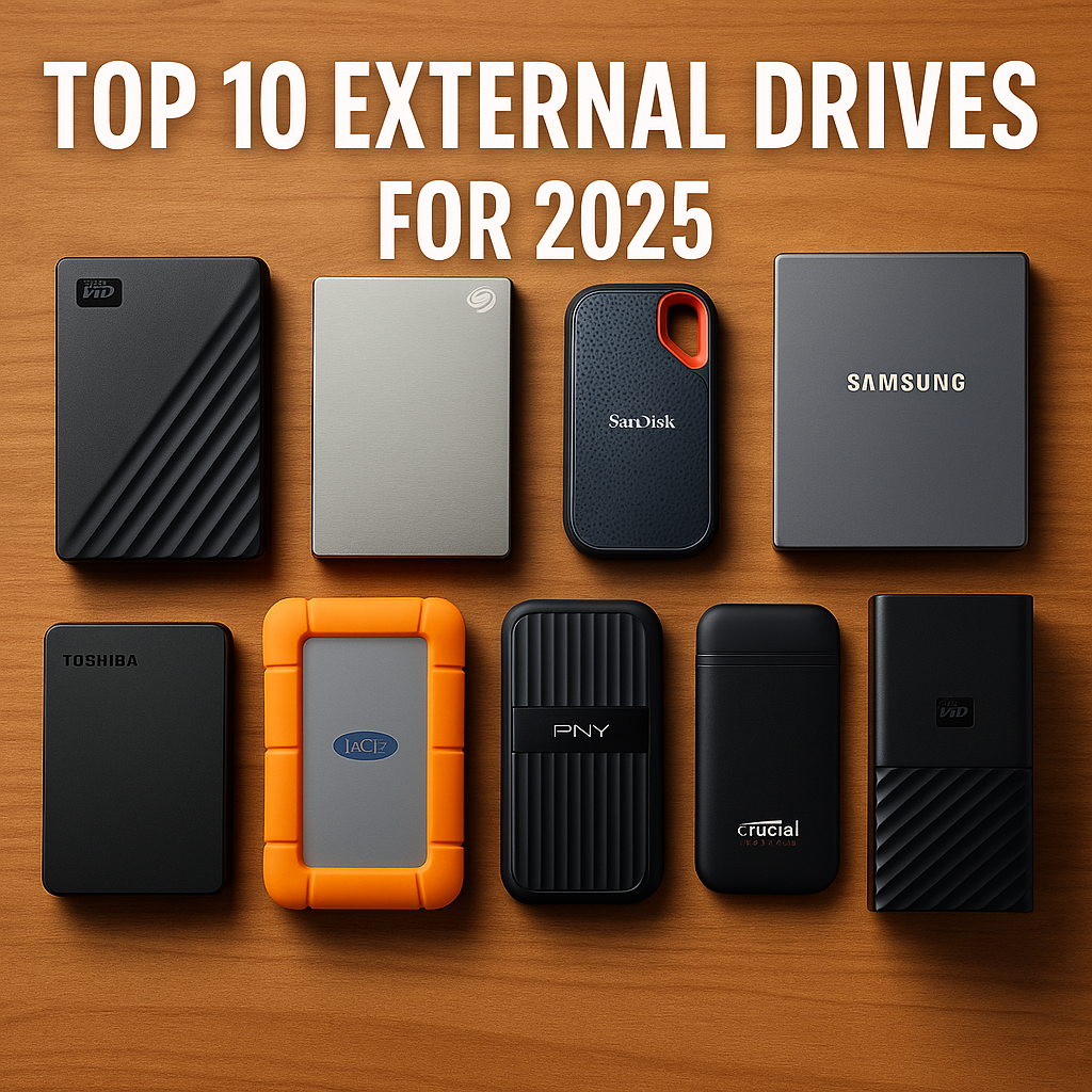 Ultra-realistic professional image titled 'Top 10 External Drives Guide for 2025.' Ten external hard drives are neatly arranged on a wooden surface, featuring brands like WD, Seagate, SanDisk, Samsung, Toshiba, LaCie, PNY, and Crucial. Each drive varies in color, design, and form factor, representing the best external storage options for 2025.