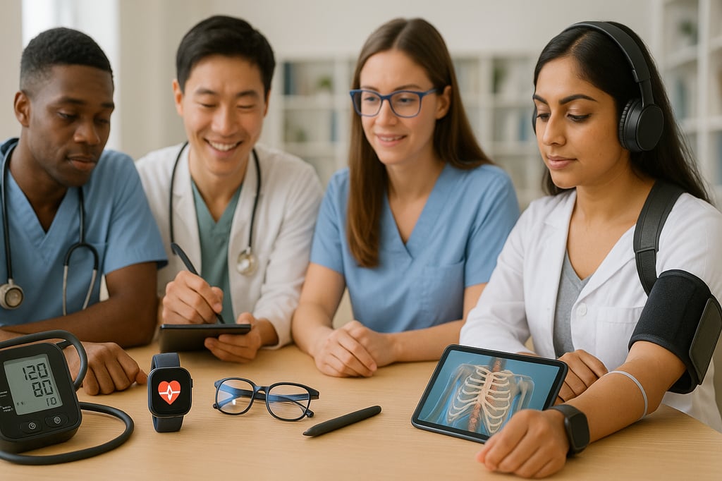 Top Health Gadgets for Medical Students: four medical students around a table using a digital blood-pressure monitor, smartwatch, tablet with 3D anatomy, and study headphones in a bright classroom.