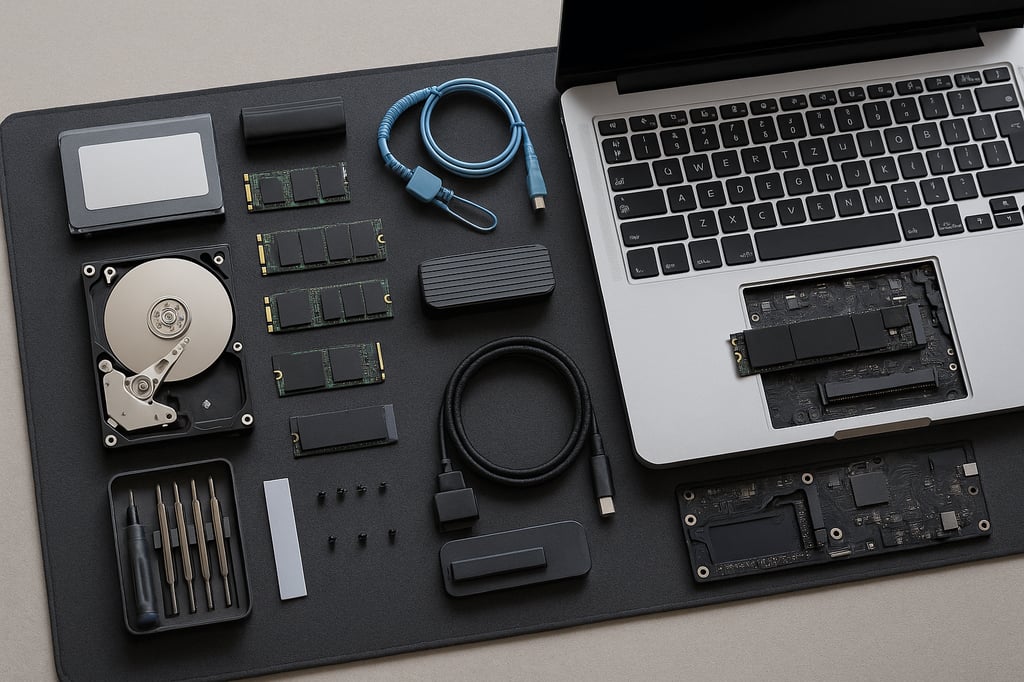Laptop storage upgrade kit on anti-static mat: open laptop, M.2 NVMe sticks, 2.5-inch SSD, HDD, external enclosures, USB-C cables, and tools.