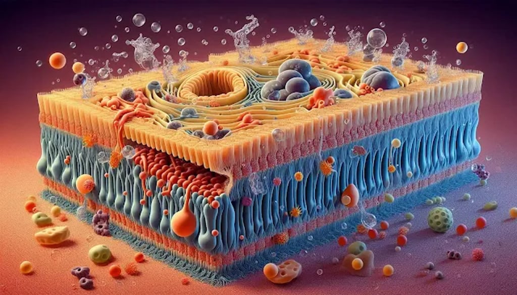 3D cross-section of a plasma membrane showing a phospholipid bilayer with hydrophilic heads and hydrophobic tails, embedded membrane proteins and channels, and surrounding extracellular fluid molecules.