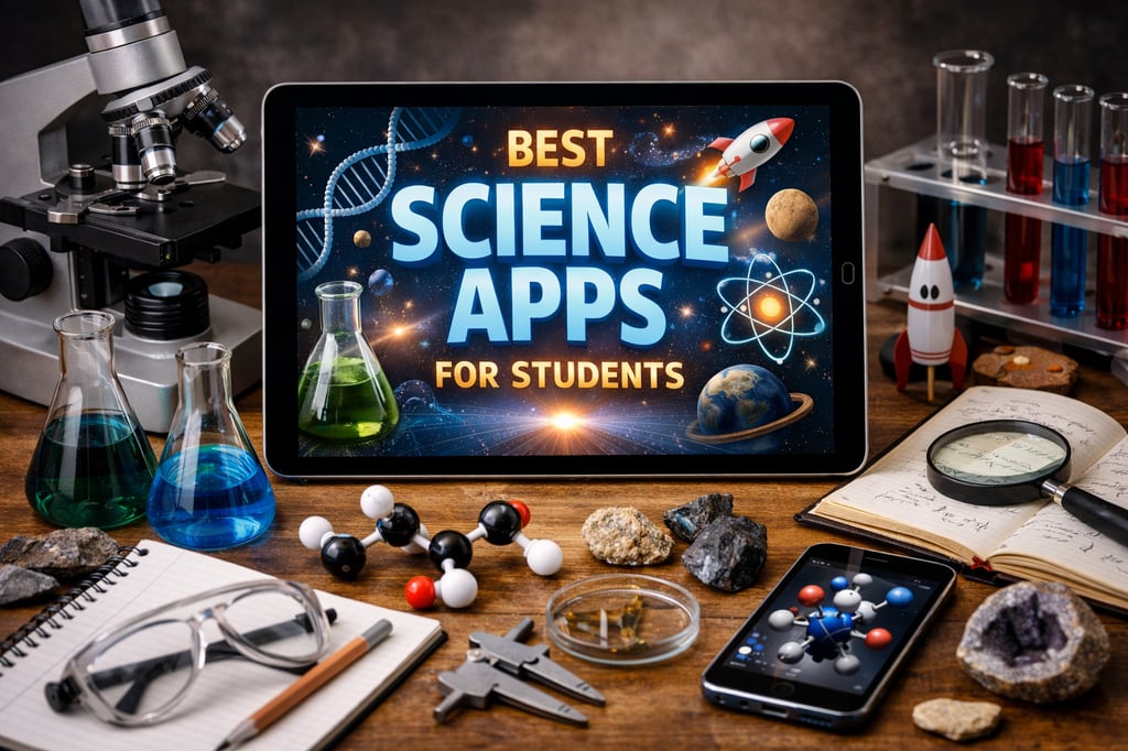 Best Science Apps for Students displayed on a tablet with microscope, test tubes, molecular model, and science lab tools