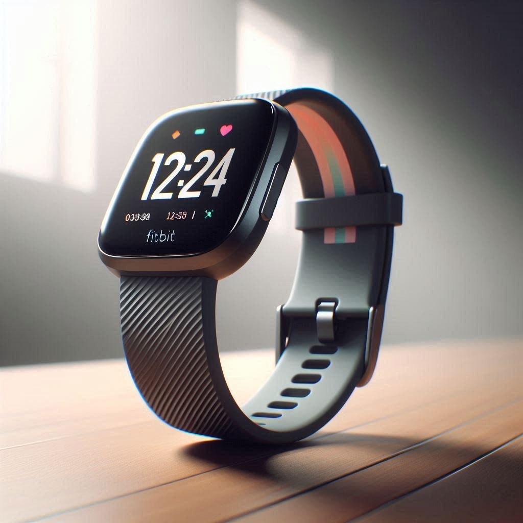 Fitbit Versa Pro smartwatch with a sleek square display showing the time 12:24, heart rate, and activity icons. The watch features a textured dark strap with a colorful accent stripe, placed on a wooden surface with soft natural light.