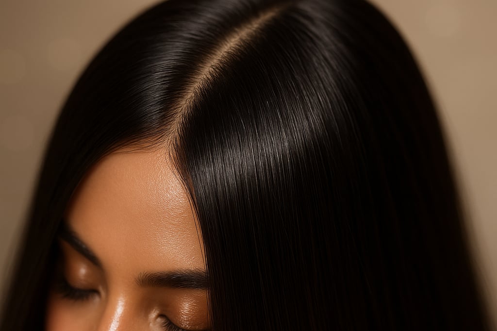 Ultra-realistic close-up of sleek, healthy dark-brown hair with a clean center part and high mirror-like shine, photographed under soft studio lighting against a warm bokeh background.