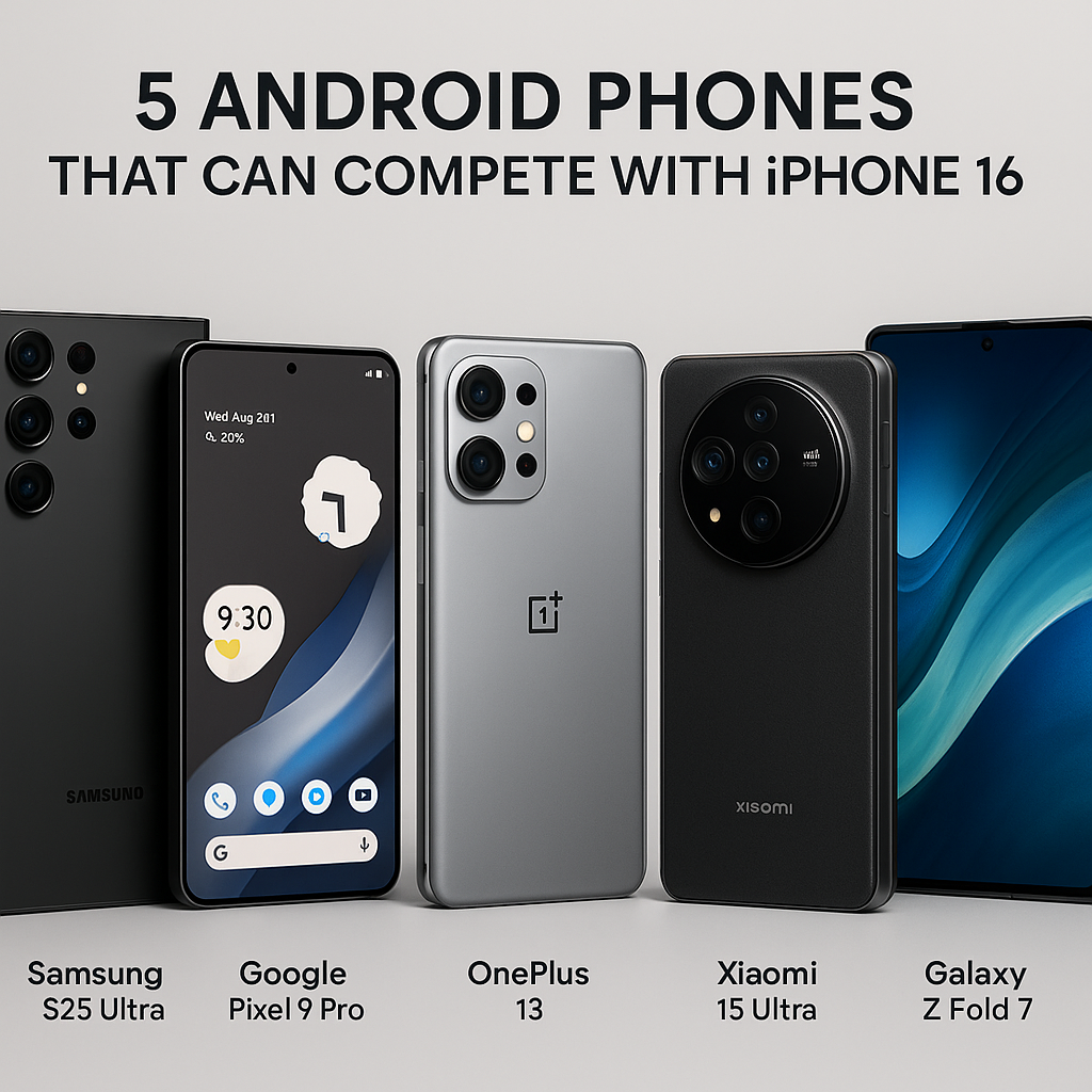 Five flagship Android smartphones — Samsung Galaxy S25 Ultra, Google Pixel 9 Pro, OnePlus 13, Xiaomi 15 Ultra, and Samsung Galaxy Z Fold 7 — displayed side by side against a light background, with bold text above reading '5 Android Phones That Can Compete with iPhone 16'.