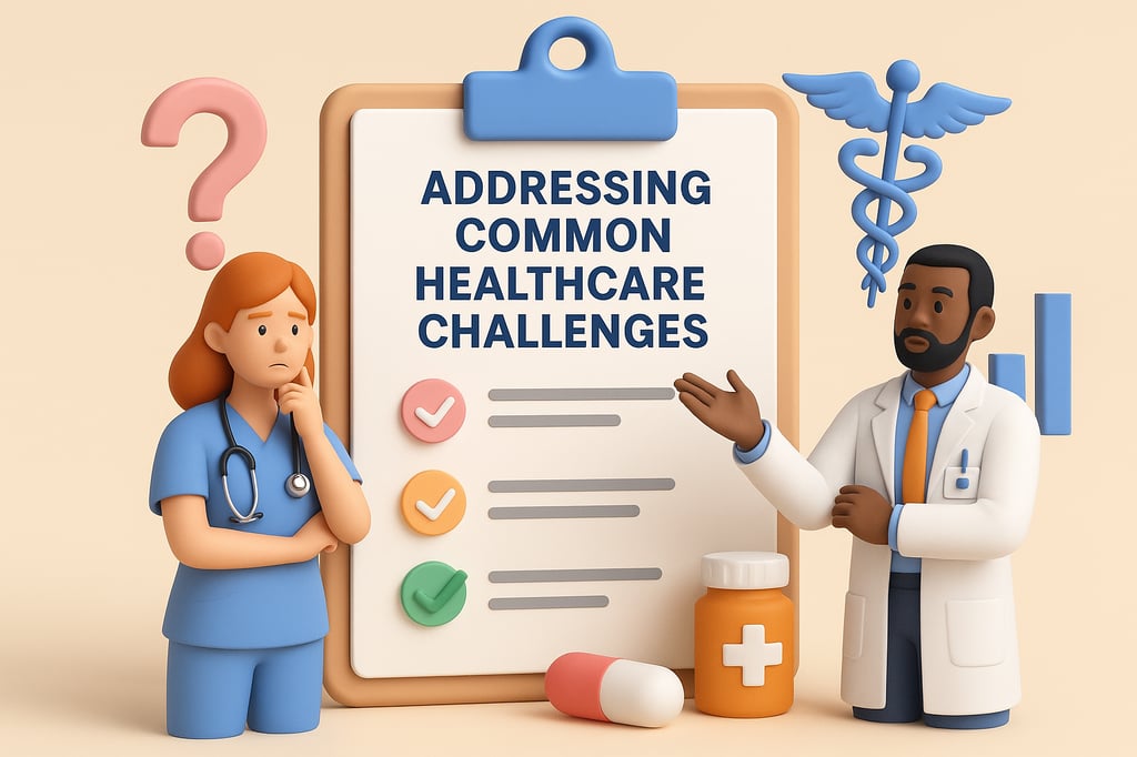 digital illustration representing addressing common healthcare challenges with healthcare professionals and medical symbols