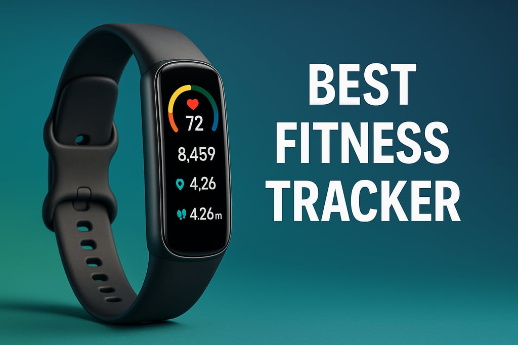 Ultra-realistic professional image of a modern black fitness tracker with a digital display showing heart rate, step count, distance, and calories burned. The device is showcased against a teal-to-blue gradient background with bold white text reading 'Best Fitness Tracker'.