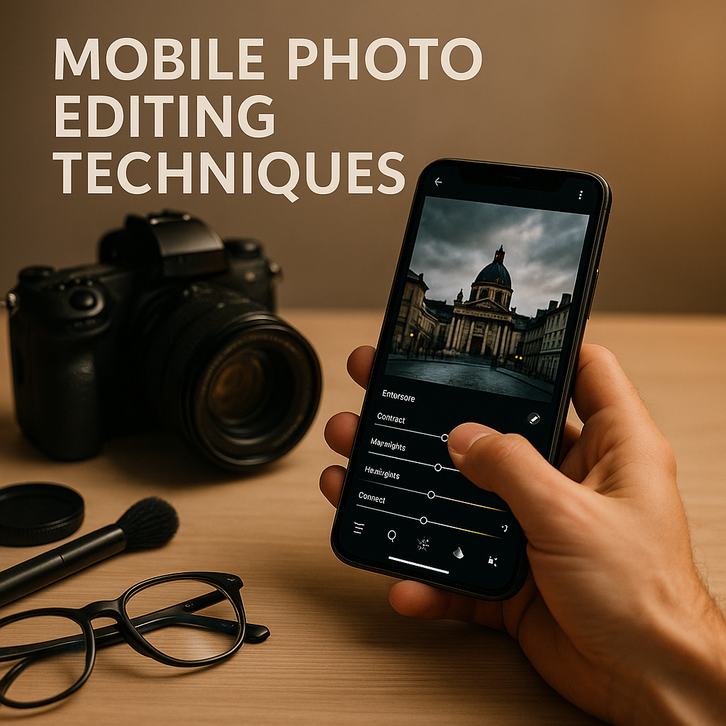 Ultra‑realistic professional image showcasing mobile photo editing techniques on a smartphone, with soft, diffused lighting highlighting the device screen and landscape photo