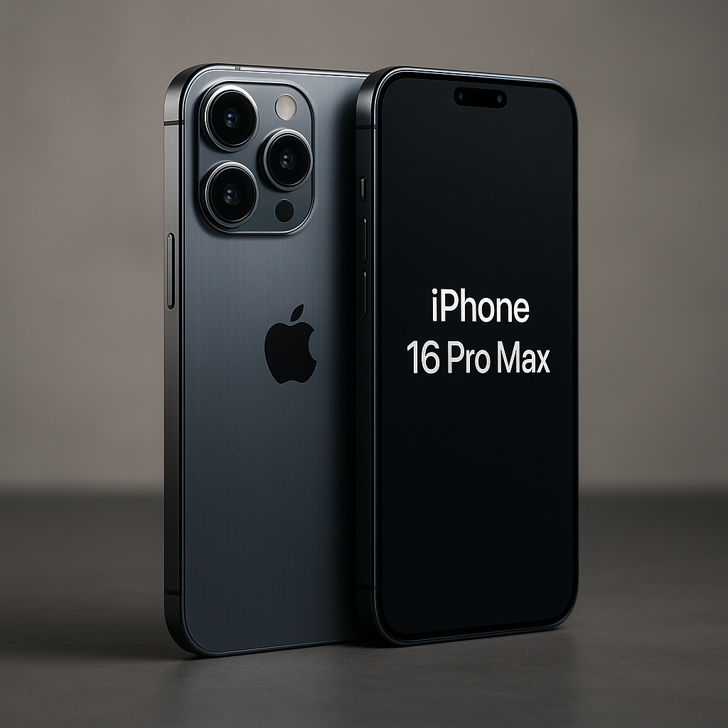 Ultra-realistic professional photo of the Apple iPhone 16 Pro Max lying flat on a textured dark surface, with soft, diffused lighting highlighting its brushed stainless steel frame, triple‑lens camera module, and sleek matte finish against a subtle gradient background