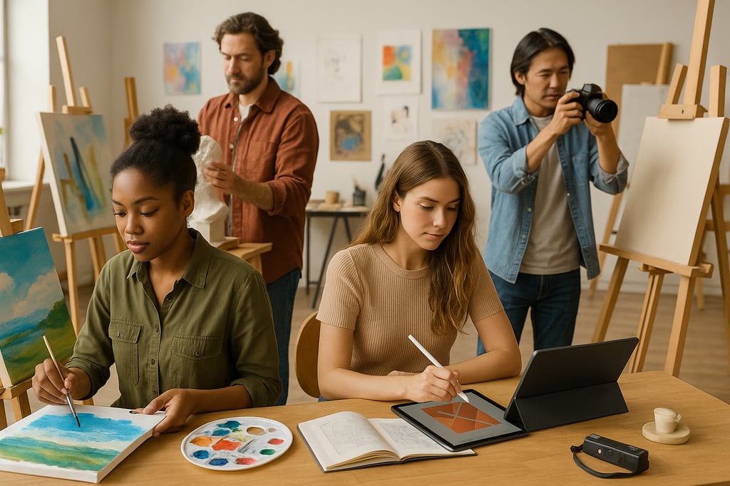 Creative and artistic courses featuring diverse students painting, sculpting, digital drawing and photographing in a bright modern art studio.