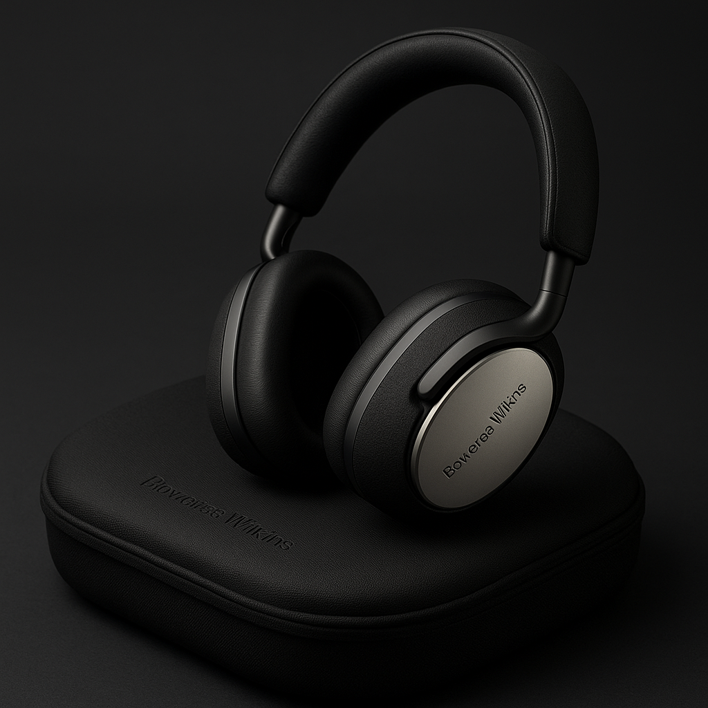 Ultra-realistic studio photo of Bowers & Wilkins Px8 wireless headphones in matte black with silver ear-cup accents, resting on their matching black travel case against a dark background