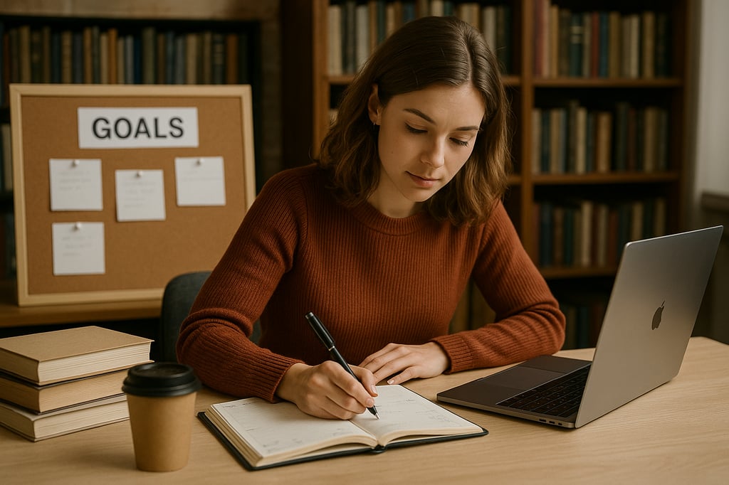 Focused female student working on personal development and academic skills, writing goals in a notebook at a desk with a laptop, books and a goals board in a quiet library.