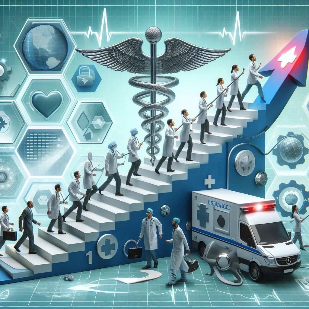 Conceptual healthcare digital transformation scene: doctors ascending staircase steps that form an upward arrow beside a large caduceus, with an ambulance and hexagonal icons for cloud, security, heart, and gears on an ECG-style background.