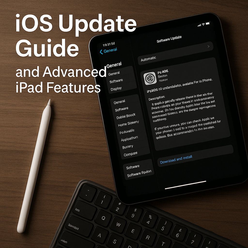 Ultra‑realistic professional photo of an iPad on a wooden desk showing the Software Update screen for iPadOS, with a white Apple Pencil and dark Magic Keyboard in soft, diffused lighting