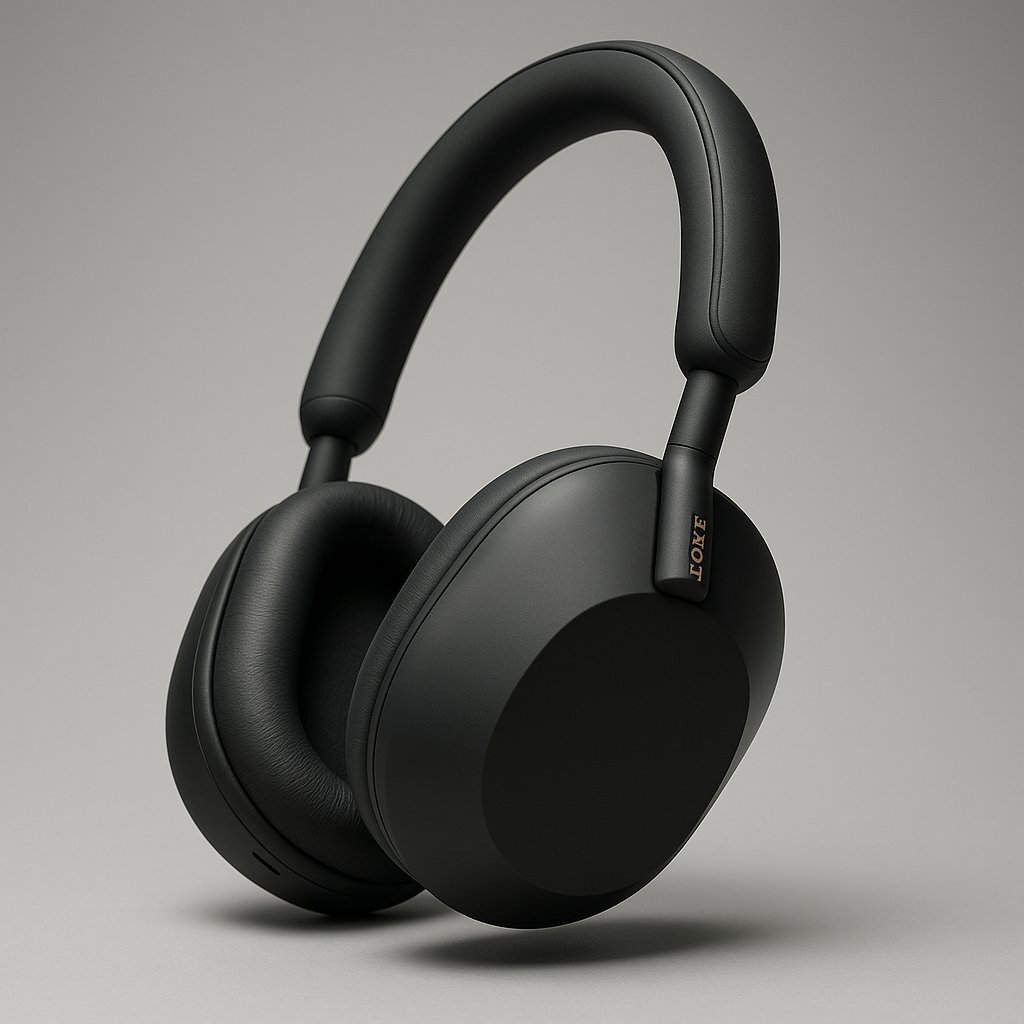 Ultra‑realistic professional shot of Sony WH‑1000XM5 wireless noise‑cancelling headphones in matte black, highlighting the cushioned ear cups and sleek headband against a neutral background