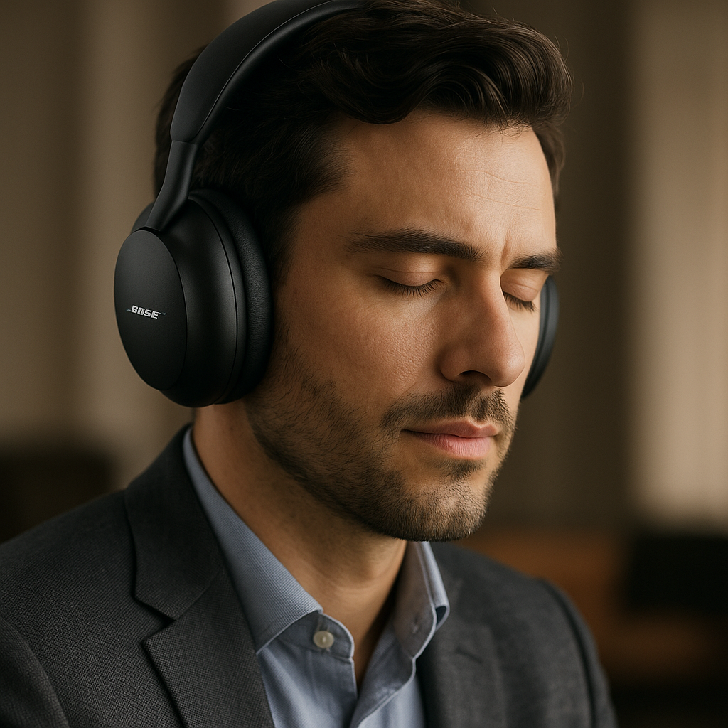 Bose QuietComfort Ultra headphones in a professional studio setting with ultra-comfort over-ear cushions and sleek design highlighted by soft lighting