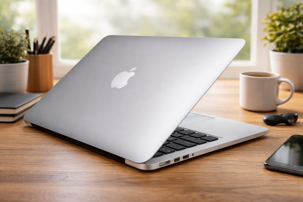 Silver MacBook Air partially open on a wooden desk by a bright window, with a realistic workspace background including a coffee mug, plants, notebook, pencils, earbuds, and a smartphone.