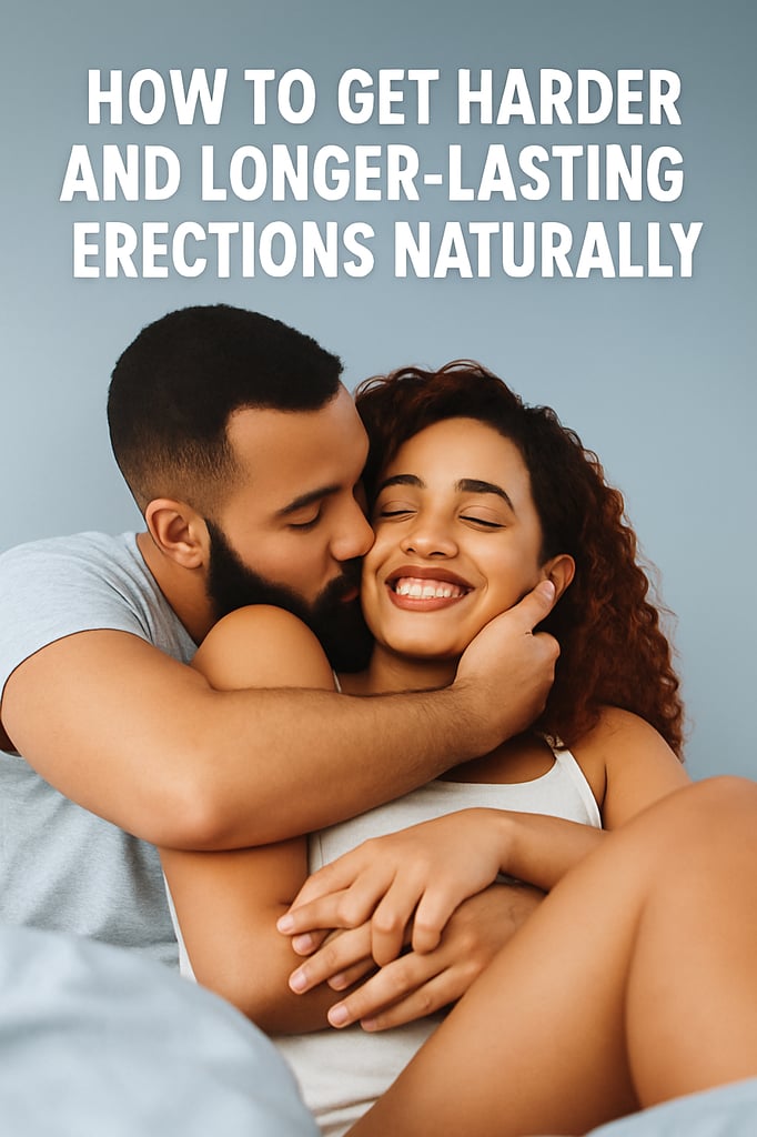 Professional wellness-themed image of a happy couple embracing in a warm and intimate setting. The text above reads 'How to Get Harder and Longer-Lasting Erections Naturally' in bold white letters against a calming blue-gray background.