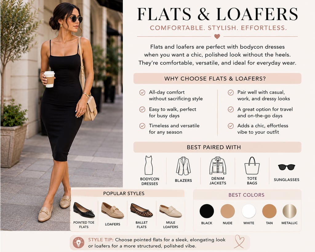 Flats and loafers infographic showing a bodycon dress styled with comfortable flat shoes, loafers, outfit pairings, popular styles, and best colors