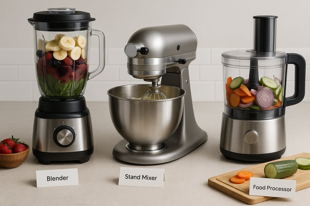 Three kitchen appliances displayed on a countertop: a blender filled with spinach, berries, bananas, and juice; a stand mixer kneading dough in a stainless steel bowl; and a food processor slicing carrots, cucumbers, and onions. Each appliance is clearly labeled with small cards.