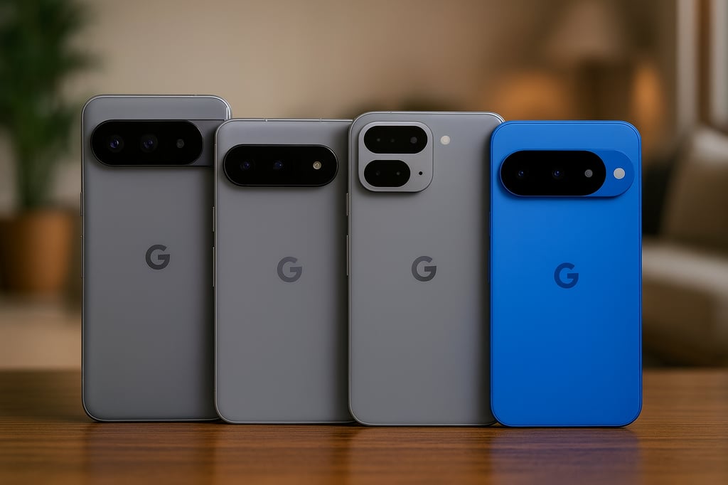 Four Google Pixel smartphones standing side by side on a wooden table, three in grey and one in blue, showing the rear camera bar design in a cozy living-room background
