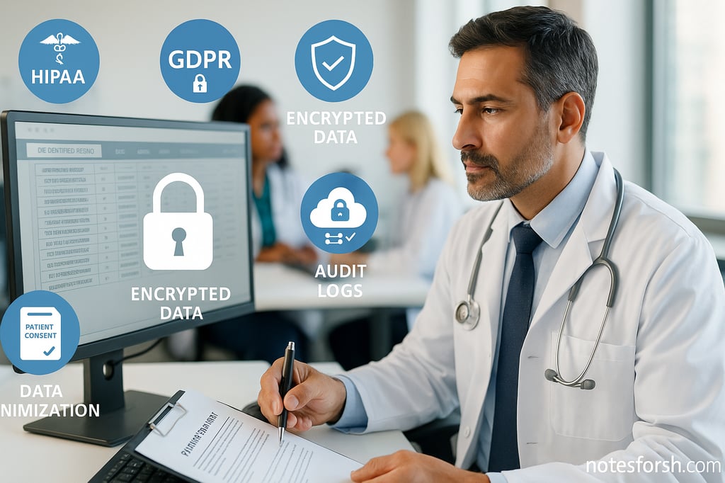 Doctor reviewing electronic health records on a desktop while data-privacy icons highlight HIPAA, GDPR, encryption, audit logs, and patient consent—visual for a comprehensive guide to data privacy in healthcare.