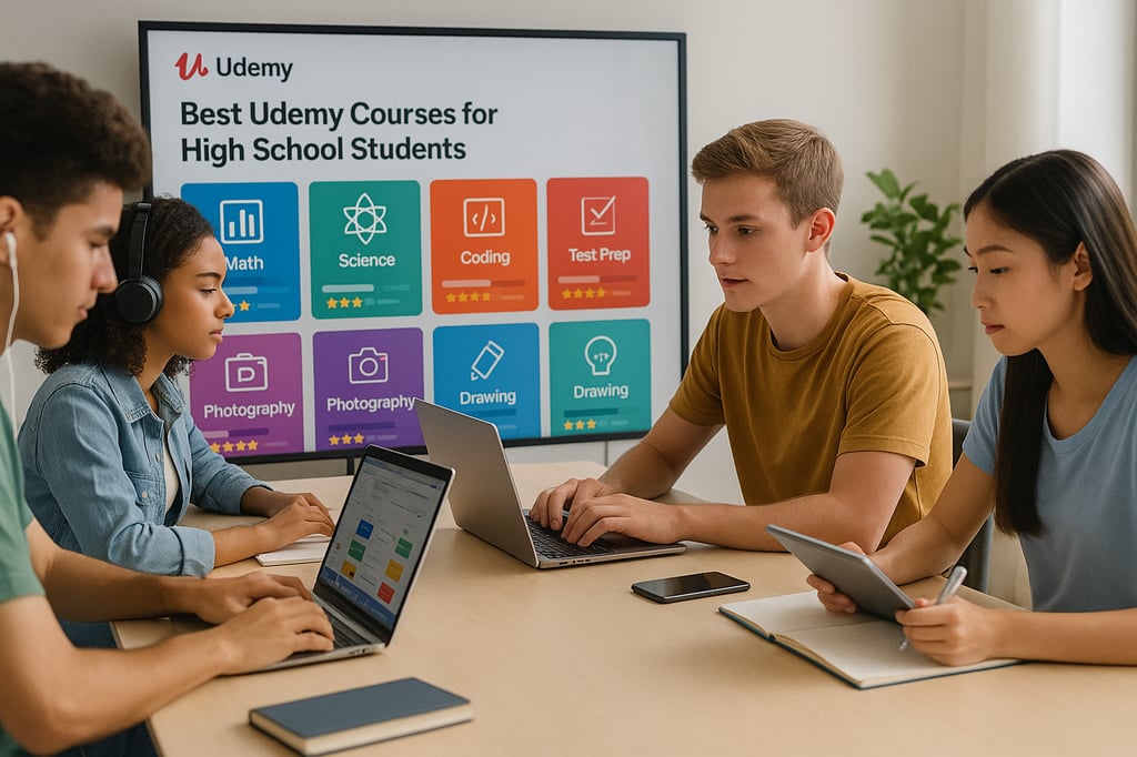 Diverse group of high school students studying together at a modern desk with laptops and a tablet, while a large screen behind them shows colorful online course cards for subjects like math, science, coding, test prep and creative skills, representing the best Udemy courses for high school students.