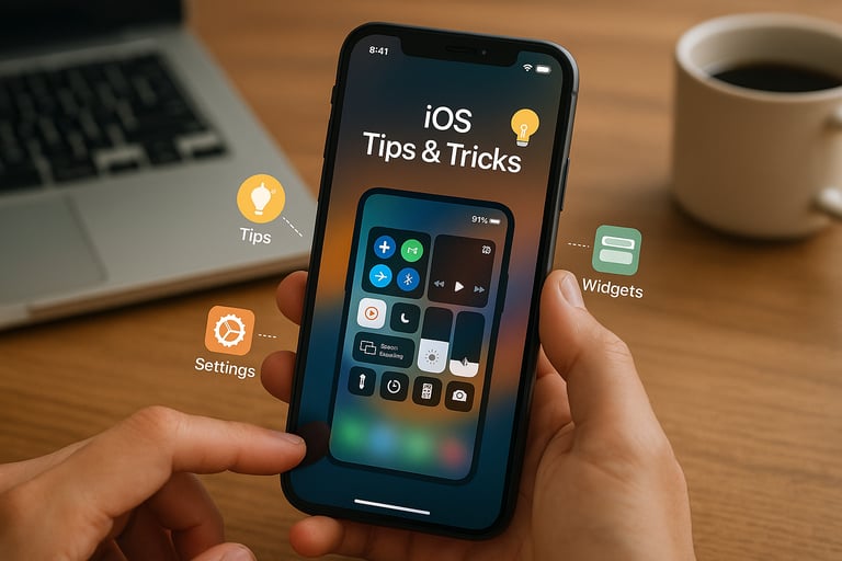 Close-up of a hand holding an iPhone on a wooden desk, showing an iOS Tips & Tricks screen with Control Center shortcuts; blurred MacBook and coffee mug in the background.